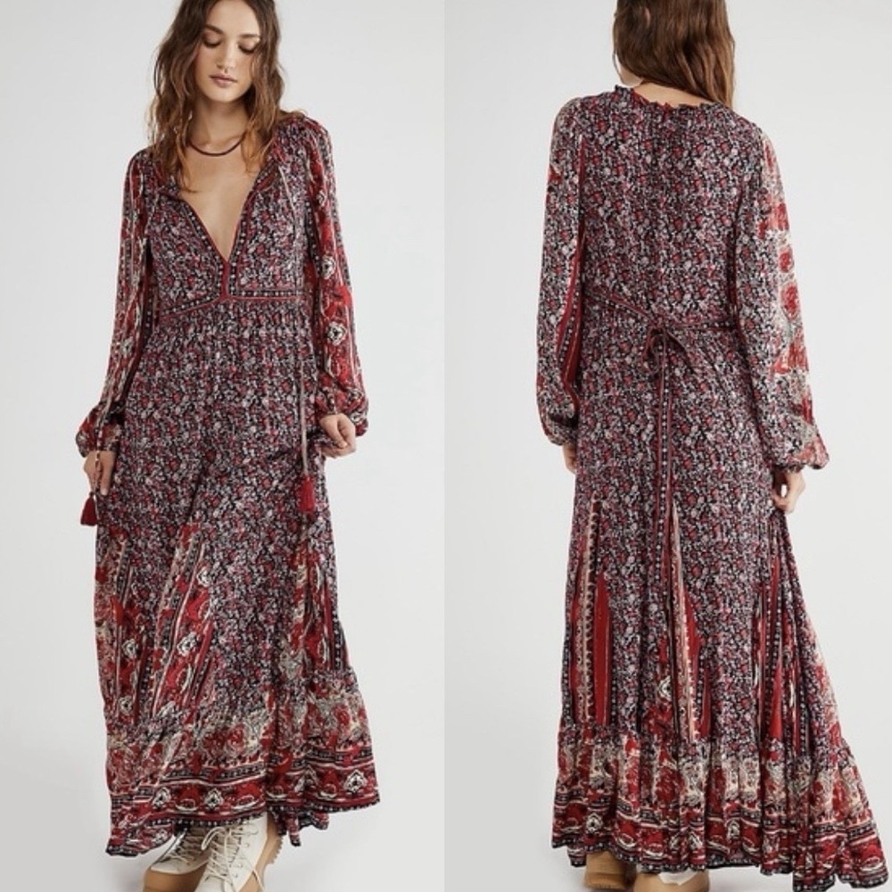 Free People Happy‎ Feelings Maxi Floral Dress Pesant Bohemian Stevie Nicks L